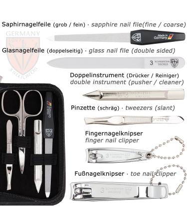 High-Quality 8-Piece Manicure Set 'Roma' - Deep Black Synthetic Leather Etui | Nail Scissors Tweezers Glass Nail Files & More - International Shipping Available - Buy Online on GoSupps.com