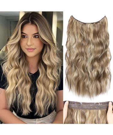 Invisible Wire Hair Extensions with Adjustable size Transparent Wire 20 Inch Synthetic Halos Hair Extension Secret Wire Hair Extensions Clip In Real Hair (Color: Medium Brown Highlighted Blonde)