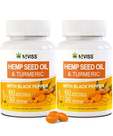 2 Pack H mp Oil Capsules with Turmeric - Organic H mp Seed Oil Pills with Turmeric Curcumin Black Pepper - Vegan Omega 3 & 6 Supplement - Extra Strength & Absorption - 120 Softgels 30 000 MG