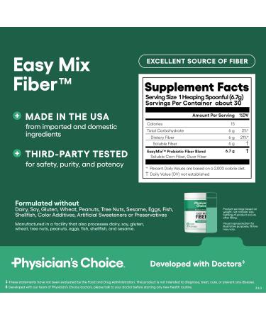Physician's CHOICE Easy Mix Fiber for Digestive Health & Regularity - No Grit Sugar Free & Tasteless - Daily Prebiotic Soluble Fiber Powder Supplement for Women and Men - Unflavored - 7.1oz Fiber Powder 7.1 Ounce (Pack of  - Buy Online on GoSupps.com