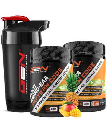 2x EAA powder Mango Ananas + Premium Shaker - Human Code Formula - All 8 essential amino acids - Amino workout drink - Delicious taste - vegan (2x - 532 g) Shaker + 2x mango Ananas 532 g (2 Pack) + shaker