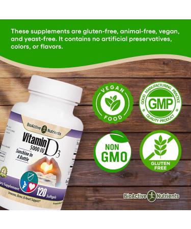 BIOACTIVE NUTRIENTS Vitamin D3 5000 IU Supplements - High Potency Supplement - Pure D-Vitamins from Nature - Heart and Immune Health for Daily Life - Made Gluten-Free and Yeast-Free - 120 Softgels - Buy Online on GoSupps.com