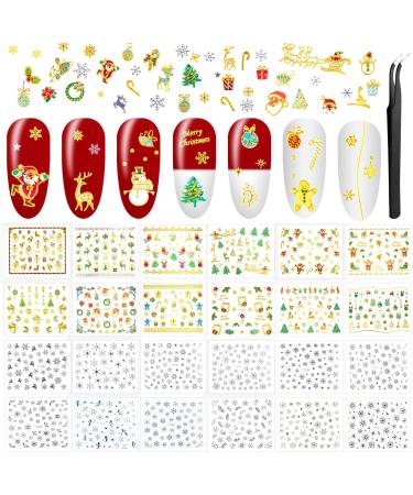 24 Sheets Christmas Nail Art Stickers - Self-Adhesive 3D Snowflake & Santa Gel Decals with Tweezers - Perfect for Christmas Parties - Gold - Buy Online on GoSupps.com