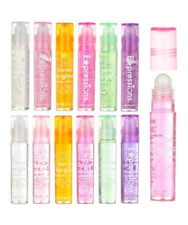 EXPRESSIONS 12pc Glitter Roll On Lip Gloss Set  Glossy Lip Moisturizer for Kids and Teens in Pouch with Marabou Handle - Assorted Fruit Flavored Lip Gloss Set  Hydrating Lip Oil  Non Toxic Kid Makeup - Buy Online on GoSupps.com