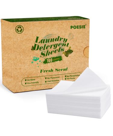 Poesie Laundry Detergent Sheets Eco-Friendly 160 Sheets Clear Plastic-Free Hypoallergenic Liquid Less Washing Sheets for Home Dorm Travel Camping & Hand Washing Clean No Waste Fresh Scent Fresh 160 Count (Pack of 1)