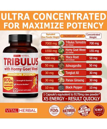 Ultra Tribulus Terrestris & Horny Goat Weed Capsules 9170mg - Maximum Strength Energy Booster with Ashwagandha, Tribulus & Maca Root - 90 Count - Buy Online on GoSupps.com