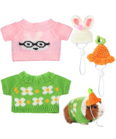 4 Pieces Easter Guinea Pig Stuff 2 Pieces Guinea Pig Clothes and 2 Pieces Cute Mini Hats with Adjustable Strap Small Animal Easter Vest Cozy and Hand Knitted Hat for Guinea Pig Ferret Bunny Kitten