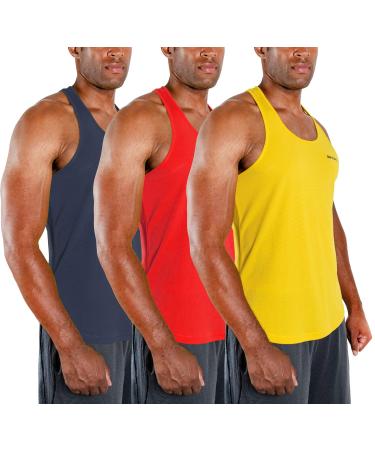 DEVOPS 3 Pack Men's Y-Back Dri Fit Muscle Gym Workout Tank Top Large Charcoal / Red / Yellow