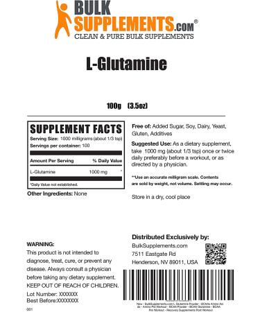 L-Glutamine Powder - 100g Unflavored Post-Workout Supplement for Muscle Recovery - Amino Acids Powder for Enhanced Performance - BulkSupplements.com - Buy Online on GoSupps.com