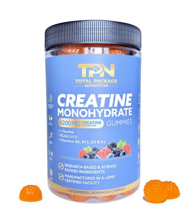 Creatine Monohydrate Gummies 6200mg Creatine plus Taurine BCAA D3 K2 and B Vitamins Best Creatine for Women and Men Pre Workout Gummies Increase Strength Build Muscle Vegan -120 pieces Berry