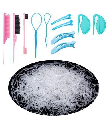 1200Pcs Clear Elastic Hair Rubber Bands (Large Thicker) with Elastics Hair Ties Cutter Teasing Brush Hair Comb Edge Brush Duckbill Clips Topsy Tail Hair Braiding Tool for Women Girls Toddler Baby Kids Clear-01 Set