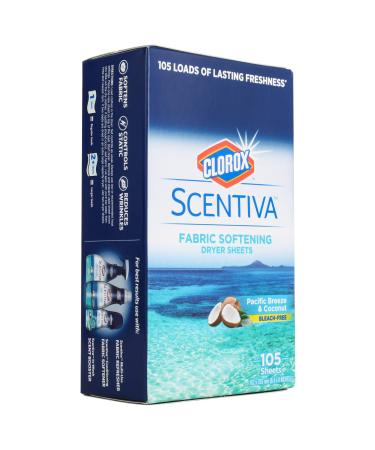 Clorox Scentiva Fabric Softening Dryer Sheets | Fabric Sheets in Pacific Breeze & Coconut Scent | Laundry Dryer Sheets for Fresh & Clean Clothes | 105 Count Pacific Breeze & Coconut 105 Count (Pack of 1)