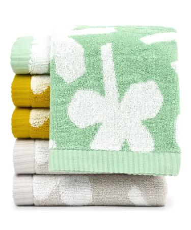 Hand Towel Fingertip Towels Set 12 x 21 Inches, 100% Cotton Small Hand Towels for Bathroom Kitchen Spa 3 Colors 6 Pack, Four Leaf Clover 21"x12" - Gray & Sage & Mustard