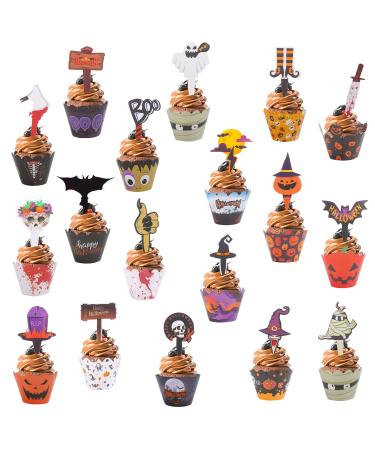 Ioffersuper 108Pcs Halloween Cupcake Wrappers Toppers Ghost Witch Bat Pumpkin Classic Pattern Party Cupcake Liners Disposable Baking Paper Cups for Baking Supplies Party Tableware Decoration Favors