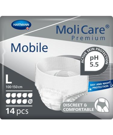 Molicare Premium Mobile disposable pants: discrete use in incontinence for women and men 10 drops sizeL (100-150 cm hip size) 14 pieces