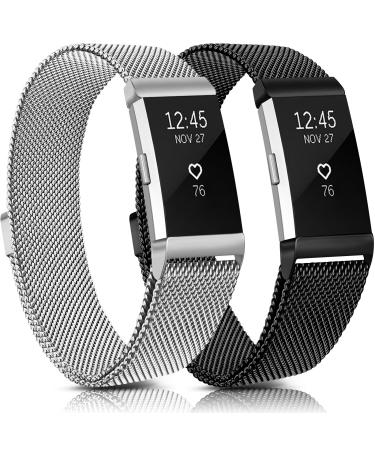 Meliya Metal Bands Compatible with Fitbit Charge 2, Stainless Steel Magnetic Lock Replacement Wristbands for Fitbit Charge 2 Women Men Small Large (Small, Black+Silver) Small Black+Silver