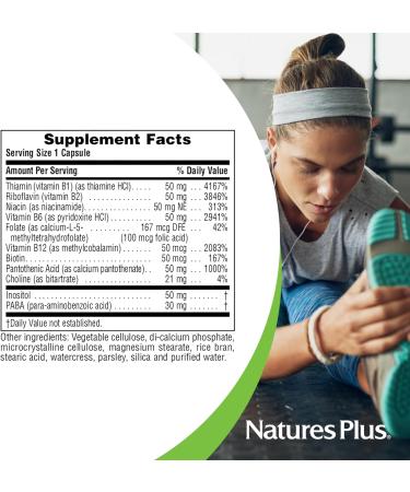 NaturesPlus Super B-50 - High-Potency B Complex Vitamin with Choline Inositol & PABA - Supports Energy Recovery & Healthy Skin and Hair - Vegan Gluten Free - 60 Capsules 60 Servings 60 Vegetarian Capsules - Buy Online on GoSupps.com