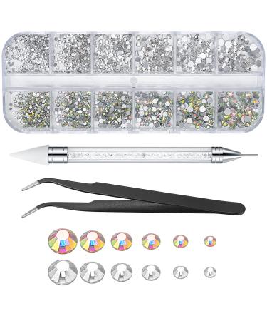 wugongshan Nail Art Rhinestones Nail Gems Flat Back Nail Art Crystals AB Shiny Nail Crystals Gems with Rhinestone Picker Dotting Pen and Pick Up Tweezers for Nail Art Face Teeth DIY Crafts
