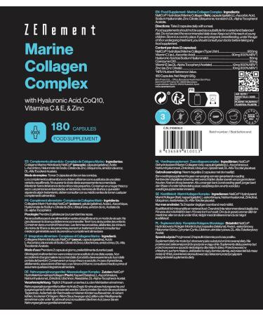 Complexe de Collag ne Marin avec Acide Hyaluronique CoQ10 Vitamines C & E et Zinc 180 G lules | Suppl ment Articulations Peau et Os | sans conservateur | Zenement - Buy Online on GoSupps.com