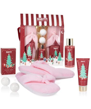 Brubaker cosmetics bathing and shower set winter berries fragrance - 6 -part gift set with extra soft plush slippers pink - Christmas set for girlfriend