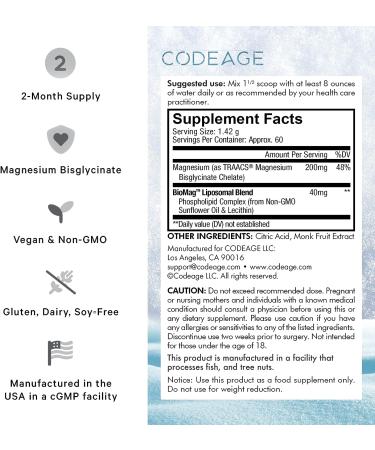 Codeage Magnesium Glycinate Powder Supplement 2-Month Supply - Bisglycinate Chelate, Unflavored, Liposomal Delivery - Chelated Magnesium Powder Mineral - Non-GMO Vegan - 3 oz - Buy Online on GoSupps.com
