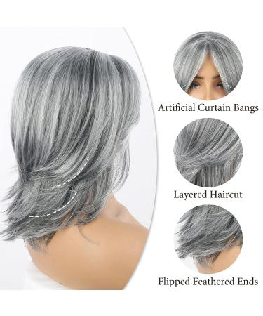 KRSI Grey Layered Wig - 14inch Shoulder Length Silver Wavy Wig with Curtain Bangs for Black Women - Natural Synthetic Hair - Buy Online on GoSupps.com