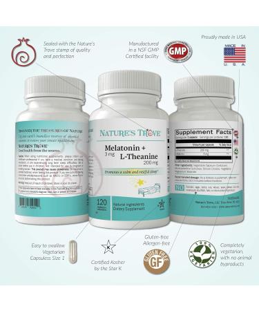 Nature's Trove Melatonin 3mg + L Theanine 200mg Calm and Relaxation 120 Kosher Vegetarian Capsules 120 Count (Pack of 1) - Buy Online on GoSupps.com