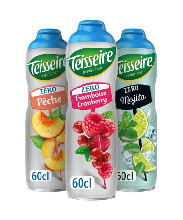 Set of 3 Teisseire Zero Sugar Syrups (Raspberry-Cranberry Mojito Peach) for Refreshing Drinks Cocktails Recyclable Bottle 3 x 60 cl