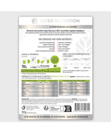 Alter Nutrition - Vegan Way Organic Protein - Vegetable Whey - Peas And Rice Mix- Rich In Protein - Up to 77% Protein - Made In France - 700g (Nature) - Buy Online on GoSupps.com