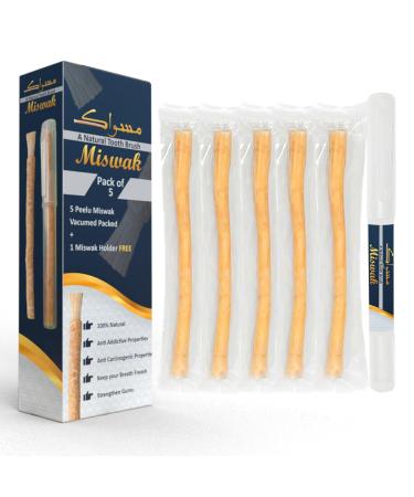 Natural Miswak Stick | Chewable Toothbrush | Teeth Whitening | 5 Miswak Sticks + Holder | Vacuum Sealed | Oral Care & Healthy Gums (5)