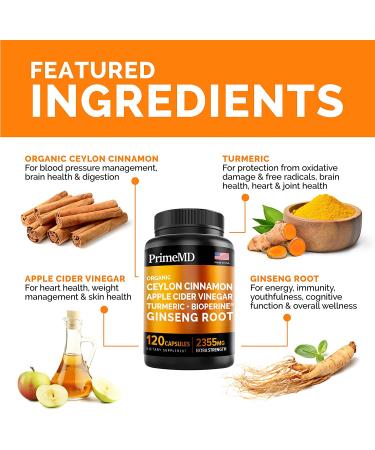 Organic 5-in-1 Ceylon Cinnamon Capsules with Apple Cider Vinegar, Turmeric, Ginseng Root & Bioperine - 2355mg Supplement (120 Count) - Buy Online on GoSupps.com