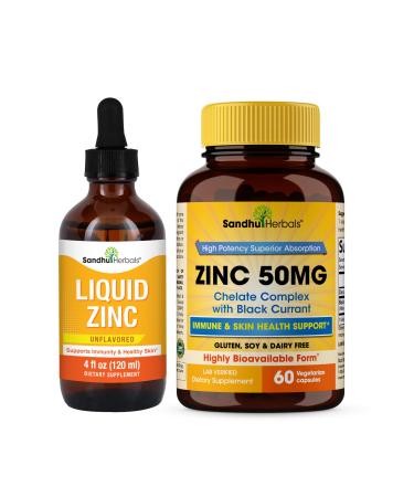 Sandhu Herbals Liquid Zinc Drops 4 Oz & Zinc Capsules 60 Count Supplement | Supports Immune and Skin Health| Made in USA
