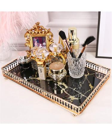 Qulong Marble Mirror & Gold Metal Organizer | Vanity Cosmetic Holder & Desktop Plate for Bathroom & Bedroom Chic Black Design - Buy Online on GoSupps.com