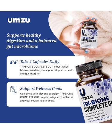 UMZU Tri-Biome Complete (30 Day Supply) 3 in 1 Probiotic Prebiotic Postbiotic Capsules with Akkermansia and CoreBiome Probiotic for Adults Gut Balance Stomach Probiotics and Complete Gut Health - Buy Online on GoSupps.com