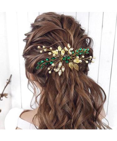Bride Wedding Hair Comb - Crystal Rhinestone Pearls Silver Leaf Hair Piece, Green Homecoming Party Accessory - Buy Online on GoSupps.com