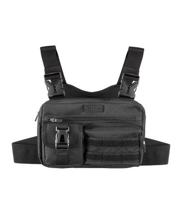Fitdom Tactical Inspired Sports Utility Chest Pack. Chest Bag For Men With Built-In Phone Holder. This EDC Rig Pouch Vest is Perfect For Workouts, Cycling & Hiking Black Vest Fit
