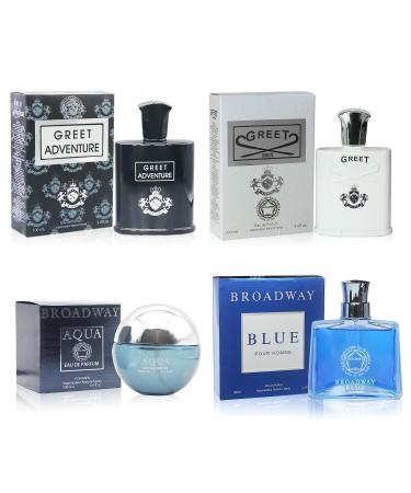 META-BOSEM 4Pc Set Cologne for Men (Greet+Greet Adventure+Broadway Aqua+Broadway Blue) Collection Fragrance Eau de Parfum Spray - Masculine Scent (Pack of 4) Each 3.4 Fl Oz Total 13.60 Oz