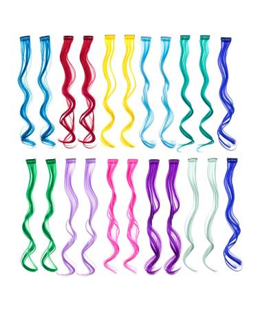 SWACC 22 Pcs Colored Party Highlights Clip on in Hair Extensions Multi-Colors Hair Streak Synthetic Hairpieces (11 Colors 22 Pcs in Set -Curly Wavy)