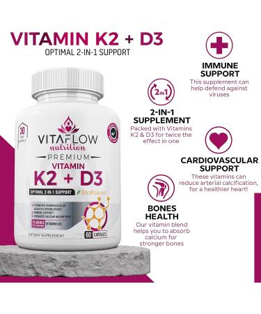 VITAFLOW Nutrition Vitamin K2 and D3 Supplements - 60 Capsules | Supports Better Calcium Absorption and Cardiovascular Health | 30 Day Supply - Buy Online on GoSupps.com