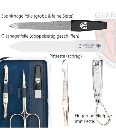 Three Swords Germany 6 pcs Manicure Set 'Genova' | Nail Care Kit with Scissors Clippers & Glass Files in Textile Jeans Blue - International Shipping - Buy Online on GoSupps.com