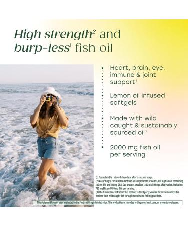 MegaFood 2000mg Fish Oil Omega 3 Supplements - Burp-Less & Lemon Oil Infused - Heart Brain Eye Joint & Immune Support Supplement - 1200mg EPA & DHA Per Serving - 90 Softgels 45 Servings - Buy Online on GoSupps.com