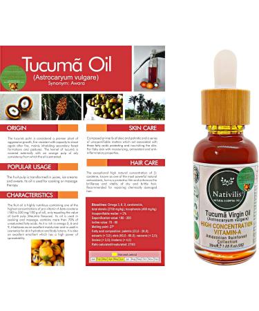 Nativilis TUCUMA VIRGIN OIL (Astrocaryum vulgare) Amazonian Rainforest HIGH CONCENTRATION VITAMIN-A BETA-CAROTENE - SKIN Hair Care - nourishing moisturizing antioxidant anti-inflammatory - Copaiba - Buy Online on GoSupps.com