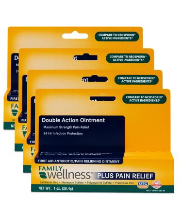 Green Hills Family Wellness Triple Antibiotic + Pain Relief Dual Action Ointment 1oz First Aid Antibiotic Soothes Pain Cuts Burns and Scrapes 24 Hour Infection Protection (4 Pack)
