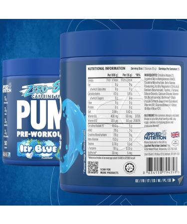 Applied Nutrition Pump Zero Pre Workout - Caffeine Free Energy & Performance (375g - 25 Servings) - Icy Blue Raz Flavor - Buy Online on GoSupps.com