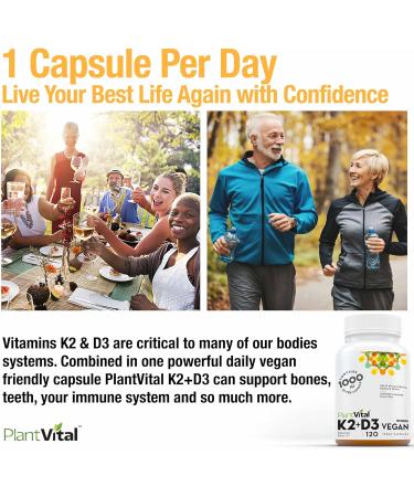 PlantVital High-Potency Vegan Vitamin D3 + K2 - (1000IU /25 mcg + 120 mcg) for Bones Teeth Good Health and Immune System - Patented MK7 Form - K2 D3 vitamin - 4 Months Supply - 120 Capsules. 120 count (Pack of 1) - Buy Online on GoSupps.com
