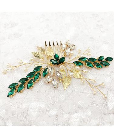 Bride Wedding Hair Comb - Crystal Rhinestone Pearls Silver Leaf Hair Piece, Green Homecoming Party Accessory - Buy Online on GoSupps.com