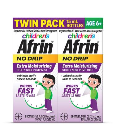 Afrin Childrens Age 6+ No Drip Extra Moisturizing Stuffy Nasal Spray Pump Mist 12 Hour Nasal Congestion Relief - Twin Pack 30 mL