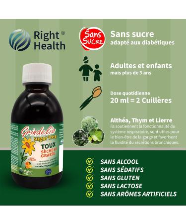 GRINDELIO SUGAR FREE: Dry and oily cough against cough spasms and mucolytic. With marshmallow ivy and thyme. Natural solution 200 ml suitable for diabetics gluten-free and lactose-free. - Buy Online on GoSupps.com
