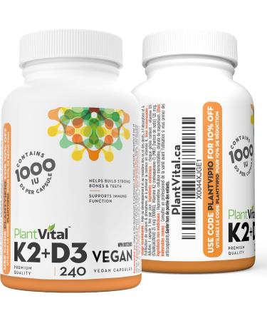 PlantVital High-Potency Vegan Vitamin D3 + K2 - (1000IU / 25 mcg + 120 mcg) for Bones Teeth Good Health and Immune System - Patented MK7 Form - K2 D3 vitamin - 8 Months Supply - 240 Capsules. 240 count (Pack of 1) - Buy Online on GoSupps.com