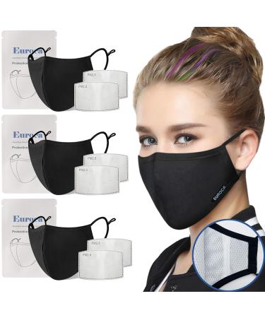 Euroca - Cloth Face Mask 3 Layers Cotton Face Masks Face Masks Reusable & Washable Face Mask With Filter Sheets (PM2.5) 3 Pack Woman Black Upgraded